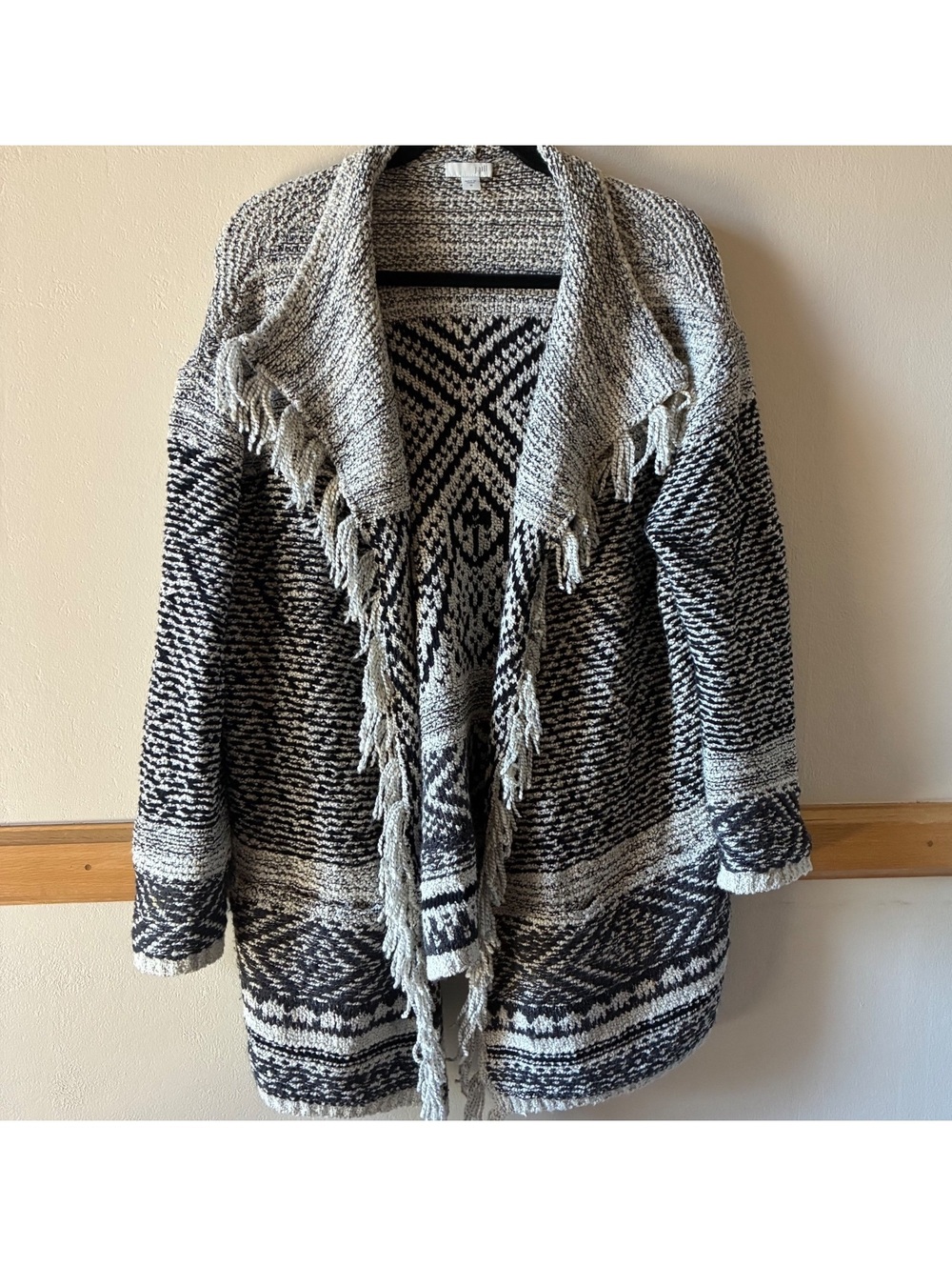 J Jill Oversized M Black and Cream Aztec Open Front Fringe Cardigan Sweater Boho